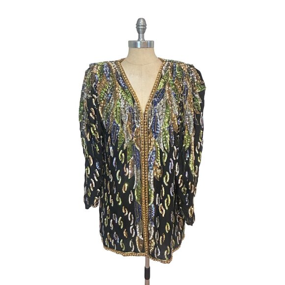 Vintage Moonlite 80s Dynasty Black Sequin Silk Beaded Jacket Open Front XL Large - Picture 1 of 8